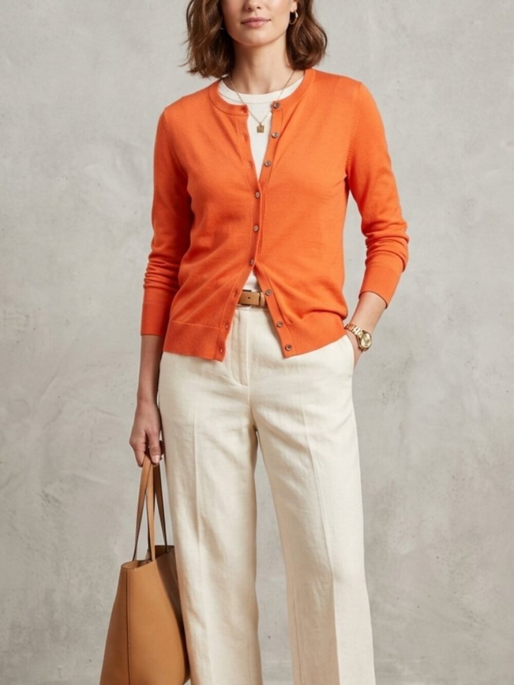 Banana Republic Silk Blend Cardigan Buttoned Sweater Orange Coral Crewneck Lrg